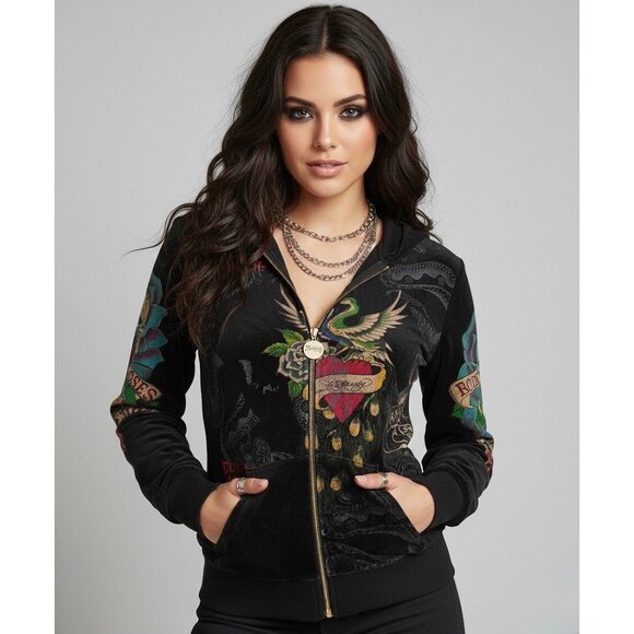 Ed Hardy Tops - Vtg Y2K Ed Hardy Black Velour Zip Up Skull Tattoo Hoodie McBling Jacket Womens S